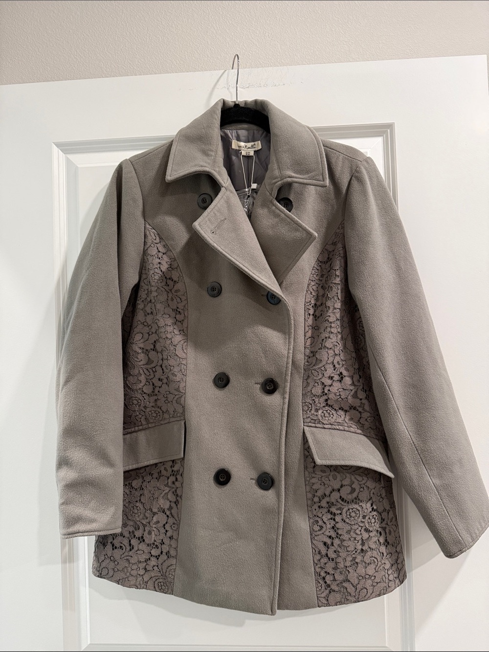 Simply Noelle Women's Double-Breasted Lace-Panel Coat - Taupe grey sz s/m